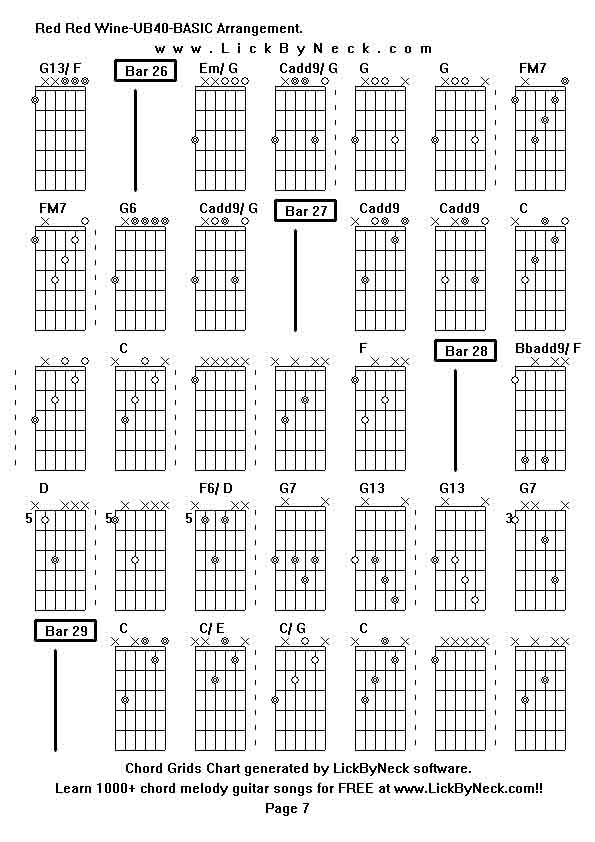 Chord Grids Chart of chord melody fingerstyle guitar song-Red Red Wine-UB40-BASIC Arrangement,generated by LickByNeck software.